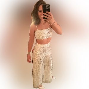 White sequined two-piece jump suit Medium NWOT